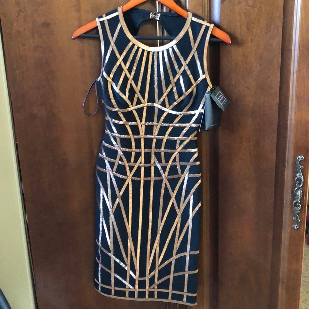 Black Herve Leger dress with rose gold embroidery